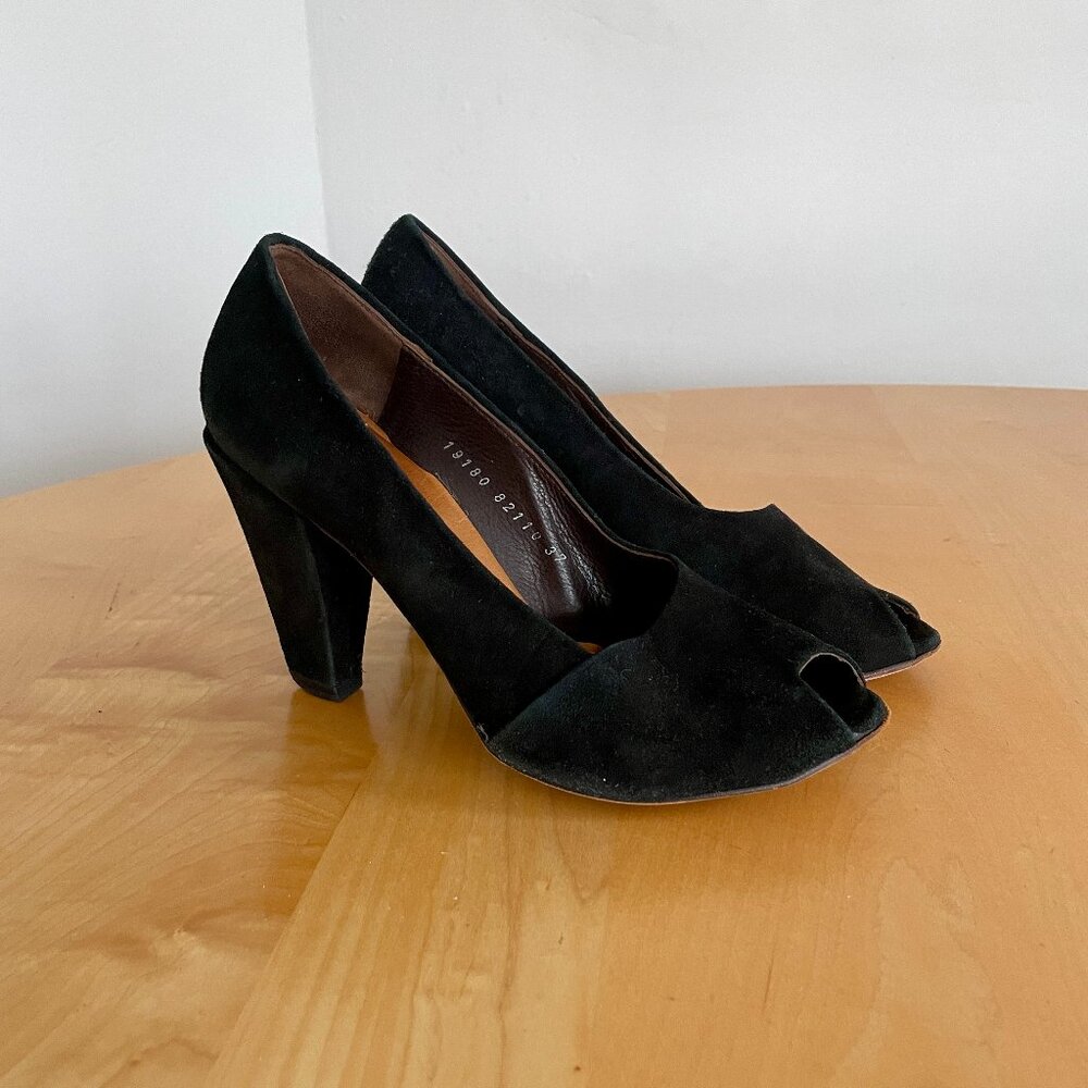 Coclico Black Suede Peep Toe Heels
